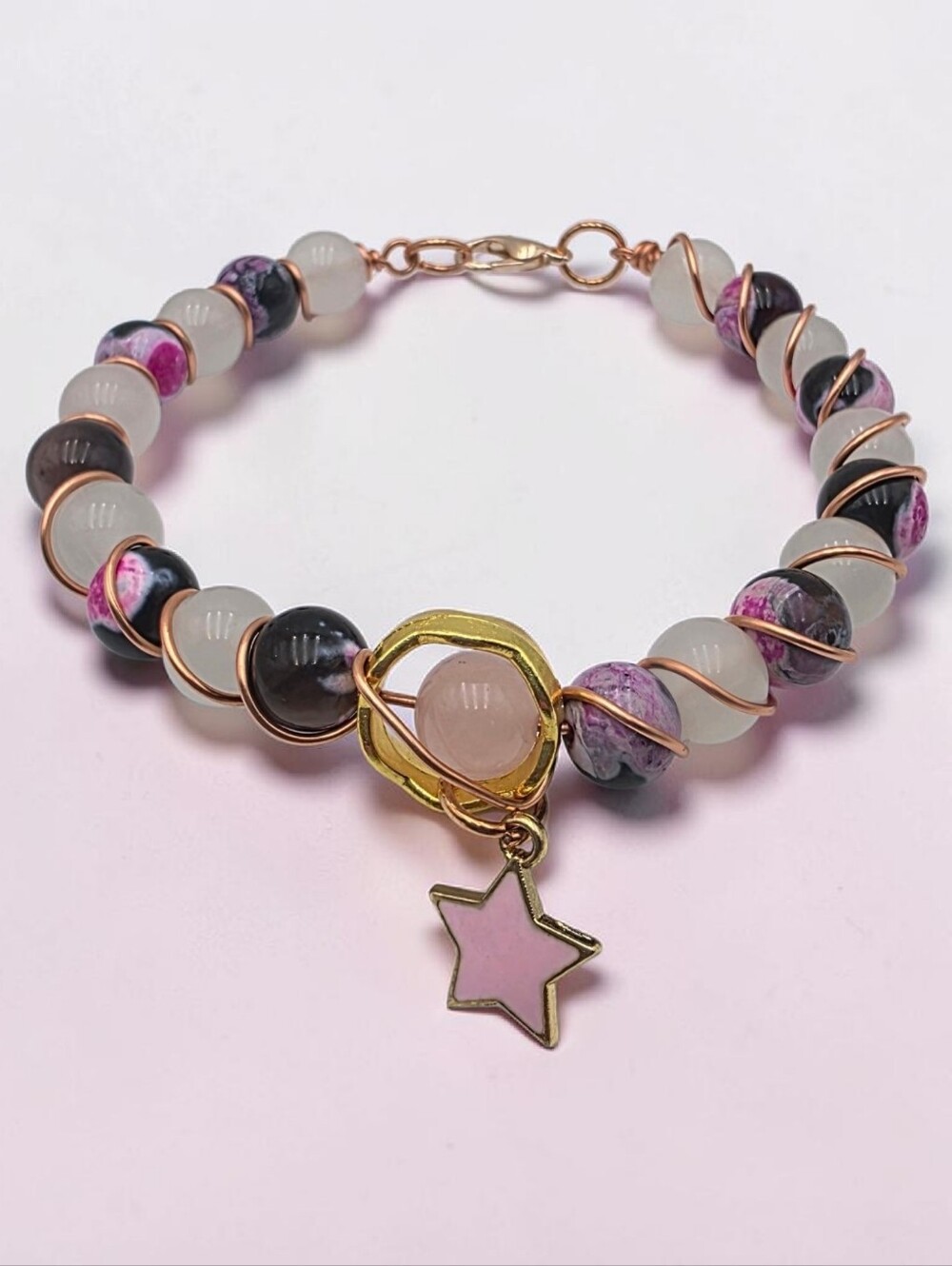 Handmade Pink & White Bead Bracelet with Star Charm Cute Boho Jewelry Gift